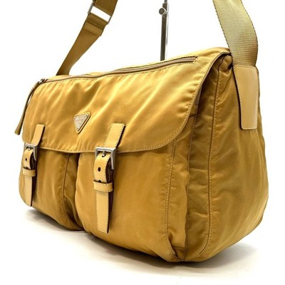 PRADA Triangle Plate Shoulder Bag Nylon Brown Unisex Authentic Y2K Style