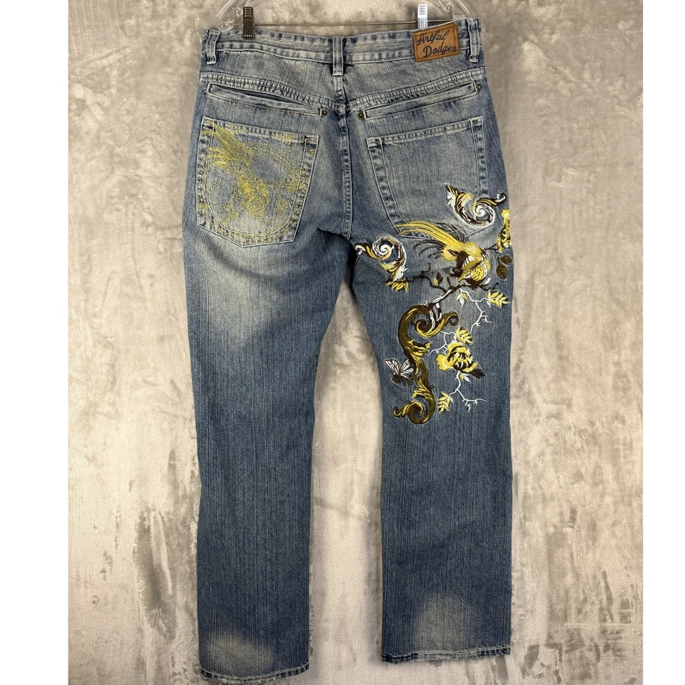 Pantalones de mezclilla Artful Dodger para hombre bordados Phoenix Dragon azul talla 36 Foto 2 de 4