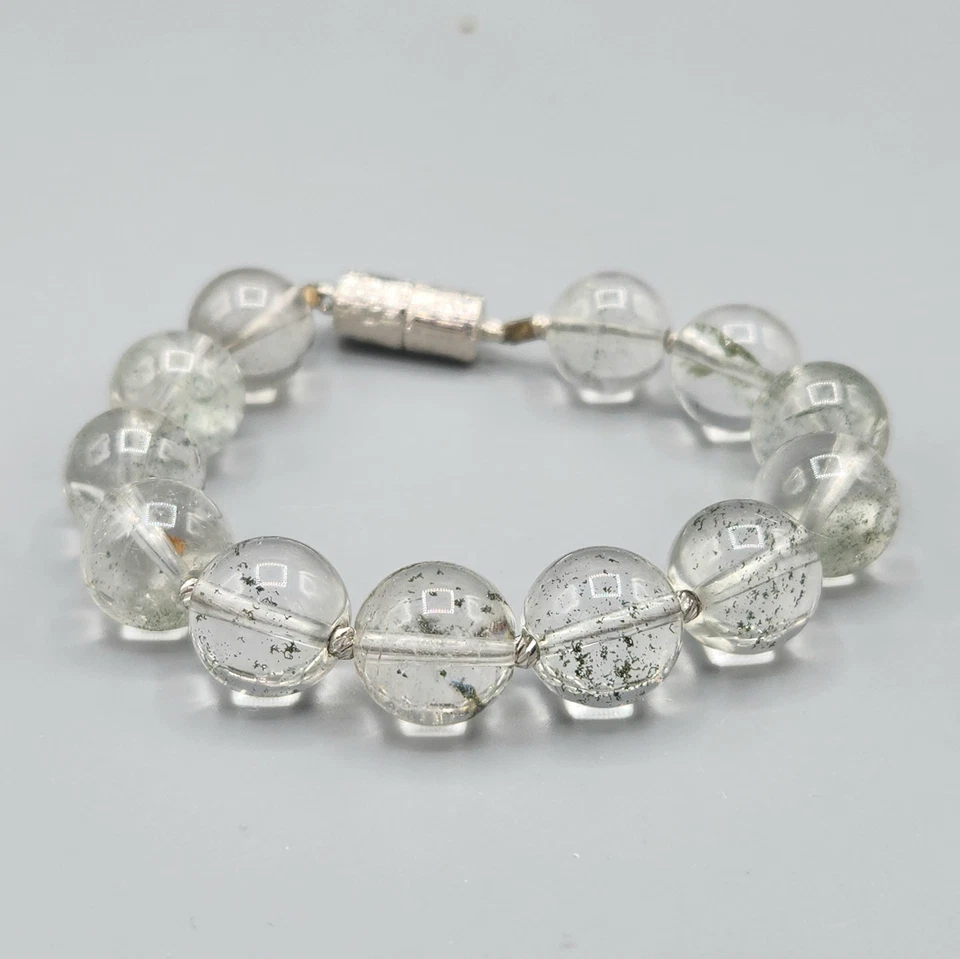Green Phantom Ghost Garden Rutilated Clear Quartz 12mm Bead Bracelet 6.5" - Image 2 of 4