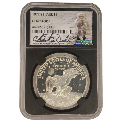 1972-S Gem Proof Eisenhower Silver Dollar Charlie Duke Astronaut Signed NGC 15B