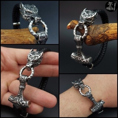 Wolfsarmband Leder Edelstahl Wolf Thors Hammer Wikinger Biker Fenrir Midgard NEU