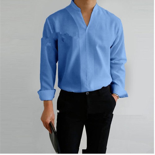 Men Casual Business Solid V Neck T Shirt Blouse Long Sleeve Stand Collar Tops - Foto 14 di 20