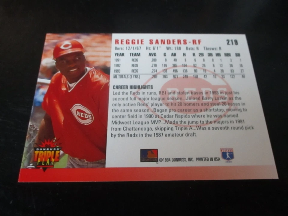 REGGIE SANDERS  (CINCINNATI REDS - of)  1994 donruss triple play CARD #219  mint - Image 2 of 2