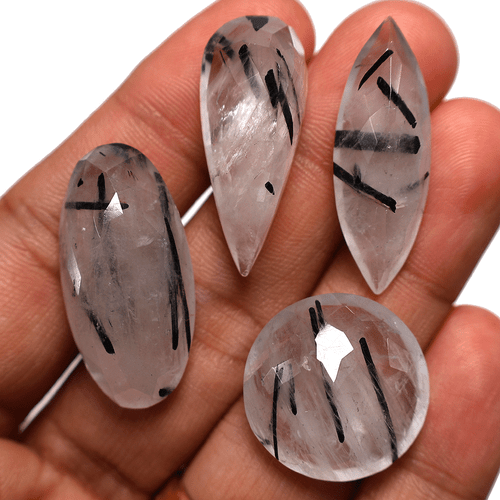 4 PC Natural Tourmaline Rutile Quartz High Grade 22mm-33mm Faceted Cut Gemstones - Picture 6 of 13