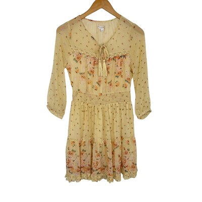 Coco + Jaimeson Floral Chiffon Smocked Waist Dress Sz Medium Pale Yellow