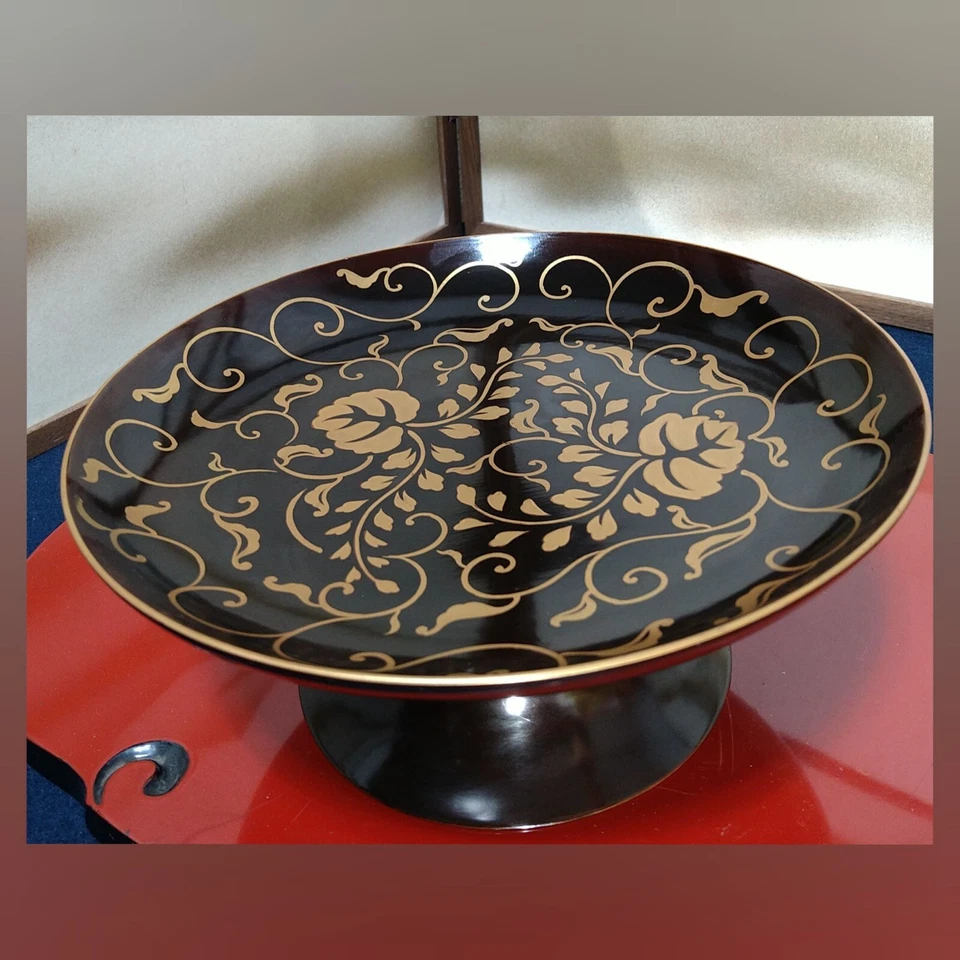 Japanese Lacquer Wooden Candy Plate 8.27inch Footed Sweet Dish Gold ivy Motif - Image 2 of 4