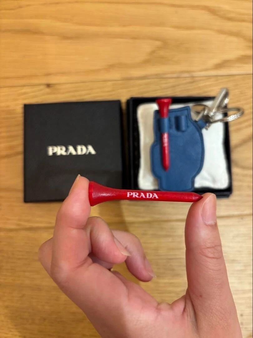 PRADA Keychain Keyring Blue Bag Charm with Golf Tees Red UNU with Box