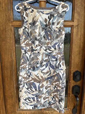 dress barn blue floral dress Womens 8 Beige Tiered Sheath Stretch Career your call Size:18.5R Mini dress vt::Dresses::Pattern::Watercolor Moonchild Bell Sleeve Mini