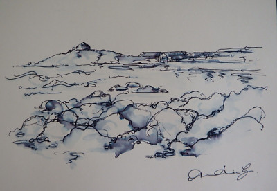 Ink Drawing St Ives Cornwall on Ivory White Heavyweight Paper Pen & Ink  Wash 