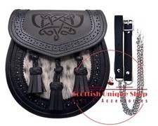 Scottish Handmade Laser Etched Real Black Leather Full Dress Kilt Sporran