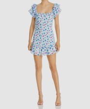 $395 Loveshackfancy Women's Blue Square Neck Ruffle Sleeve Mini Dress Size M