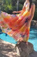 Maya Antonia Chiffon Maxi Dress, OrangeBlue Watercolor Floral Long Sleeves/Skirt