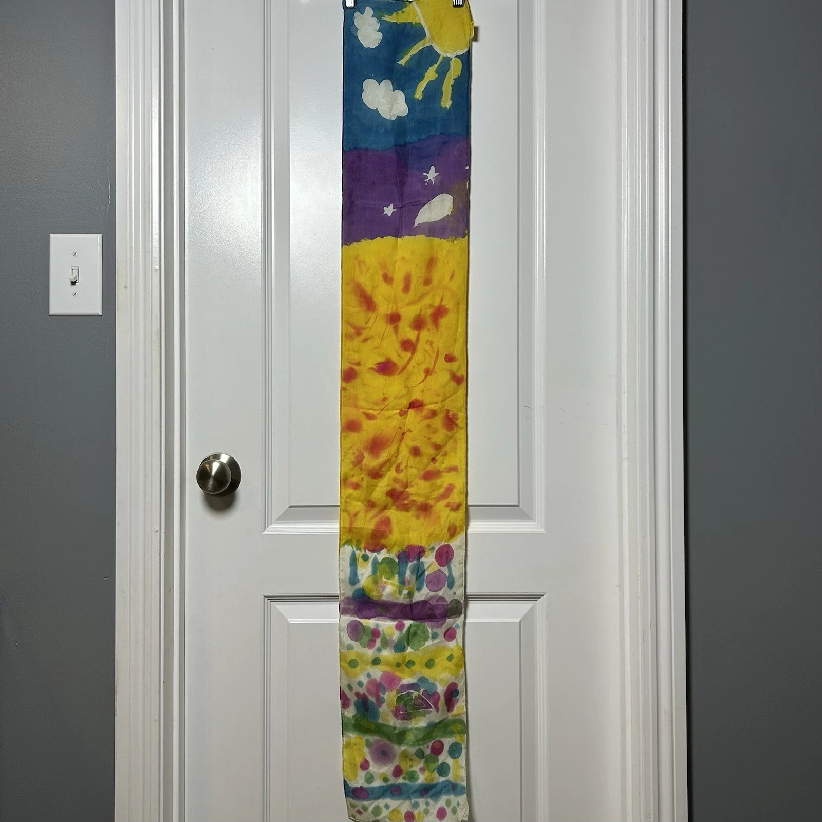 Handpainted 100% Silk Sun Sky Stars Nature Art Long Oblong Scarf 70s Boho Style