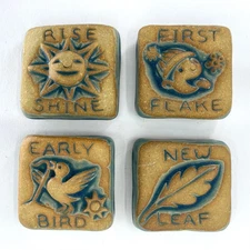 Lot of 4 Discounted 2" Ceramic Word Tiles in Turquoise Glaze by Gretchen Kramp