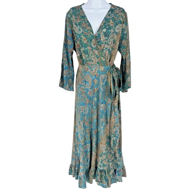 Cienna Dress Womens Large Blue Brown Paisley Floral Wrap Romantic Vacation - Image 1 of 4