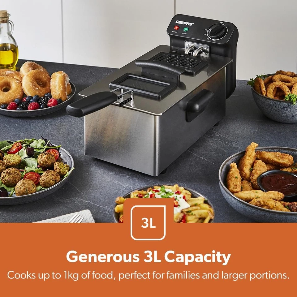 GEEPAS Deep Fat Fryer 3L Chip Pan Basket Stainless Steel Window Adjustable Temp - Image 3 of 4
