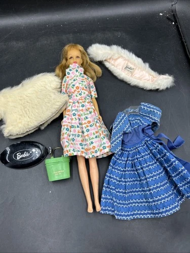 Vintage Barbie Doll W/clothes Lot - Fur Coat & Dresses. ML