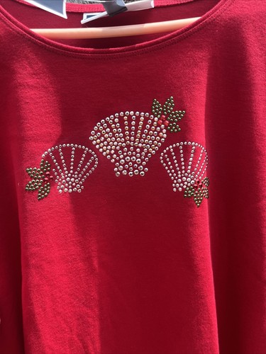 NWT Karen Scott Red green Rhinestone seashell 3/4 Sleeve Top Blouse Shirt 3X NWT - Picture 3 of 7