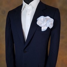 NEW - Men's 2-in-1 Pouf Round Pocket Square Hankie - White with Baby Blue Trim