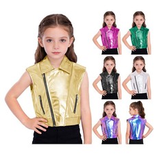 Kids Jacket Sleeveless Metallic Turn-Down Collar Vest Streetwear Waistcoat