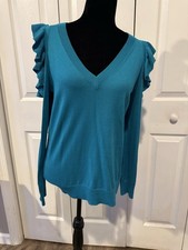 NWT MICHAEL Kors Open-Shoulder Ruffle Knit Turquoise Sweater Sz M