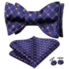  Silk Self Tie Bow Ties for Men Adjustable Men's Bowtie Handkerchief Blue Gold