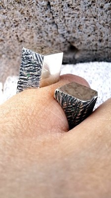 925 Sterling Silver Hand Sculpted Square Open Cuff Ring  Heavy Raw Textured Ring