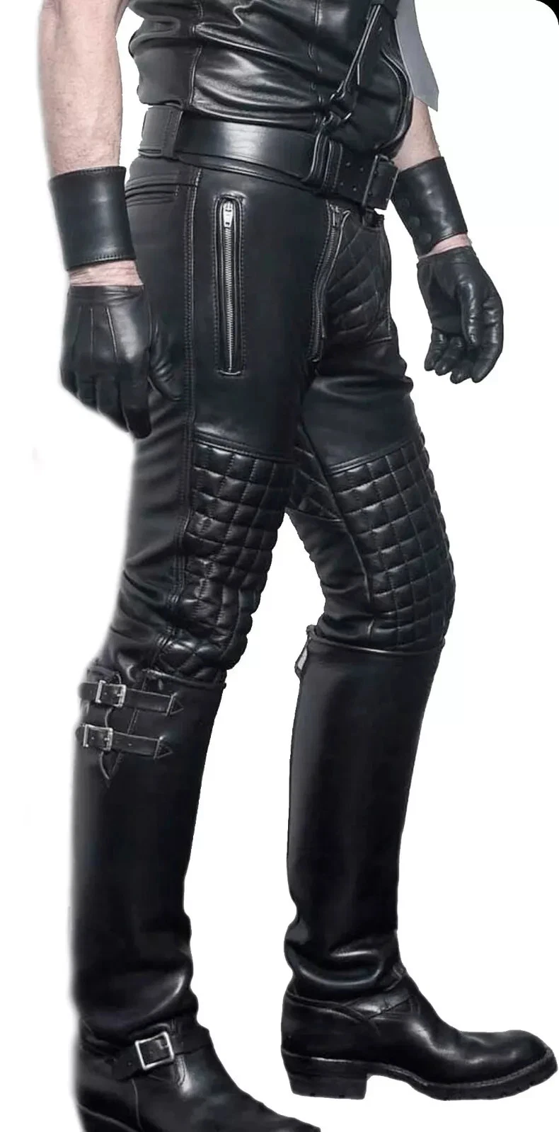Men's Real Black Leather Quilted Panels Carpenter Pants Slim Fit Quilted