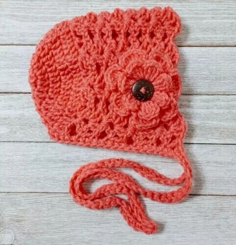 handmade crochet baby bonnet flower hat newborn 0/3 pink coral shells