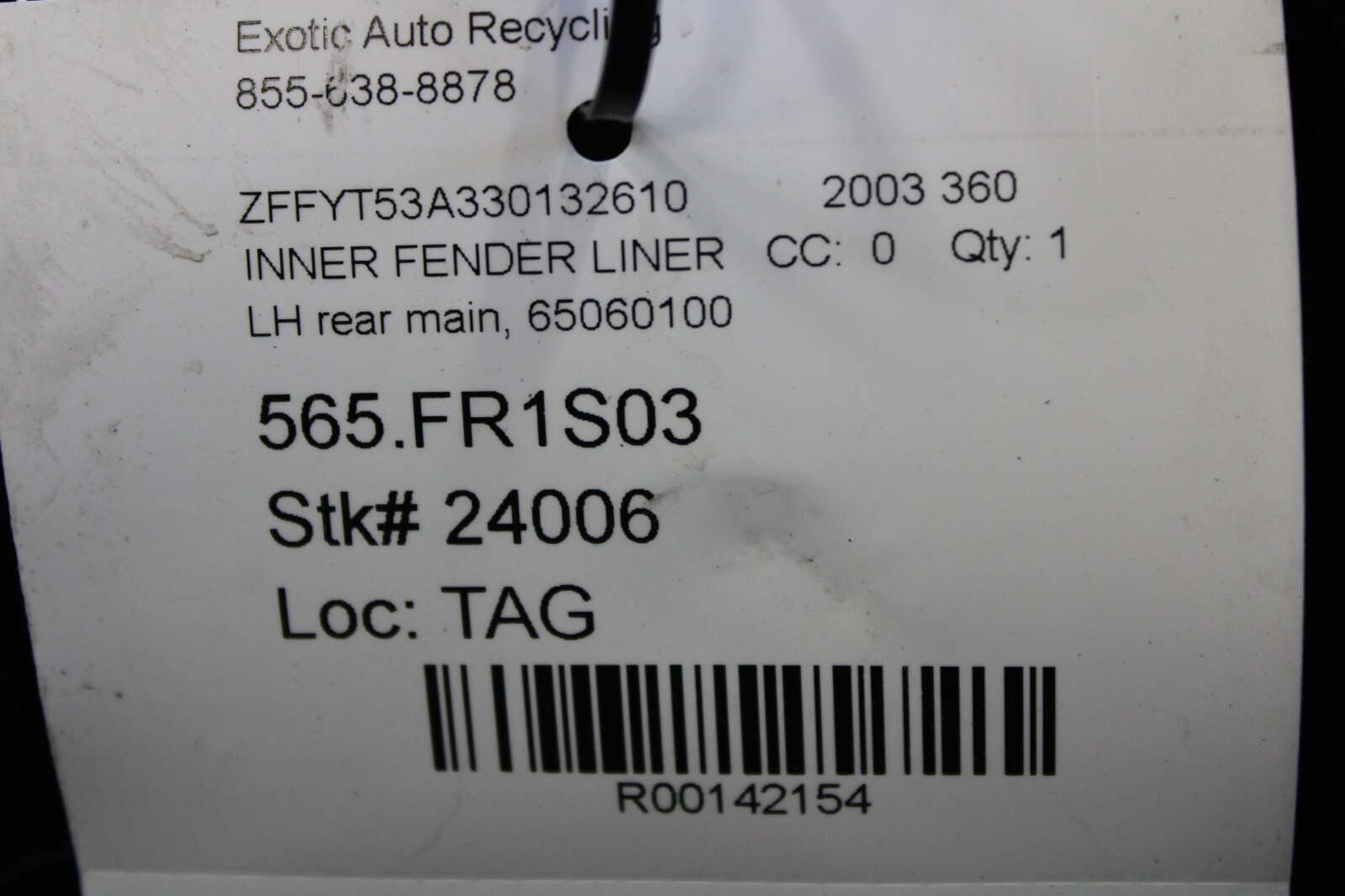 Ferrari 360, LH, Left, Rear Main Inner Fender Liner, Dmg, Used, P/N 65060100