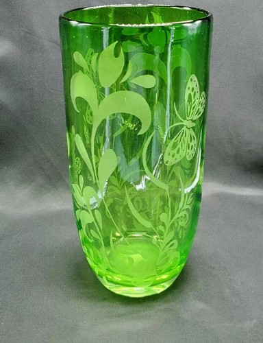 Green Glass Butterfly Etched Vase