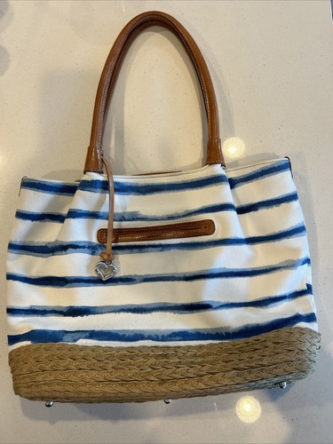 Brighton Shoulder Bag Tote Purse Bag White Blue Stripes Brown Bottom Beach Pool - 第 5/17 張圖片