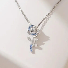 Luxurious Rose Flower Pendant Necklace Sparkling Blue White Rhinestones