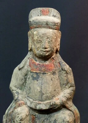A2 18ème chine statue sculpture votive bouddha bois polychrome 30cm700g guanyin - Photo 1/4