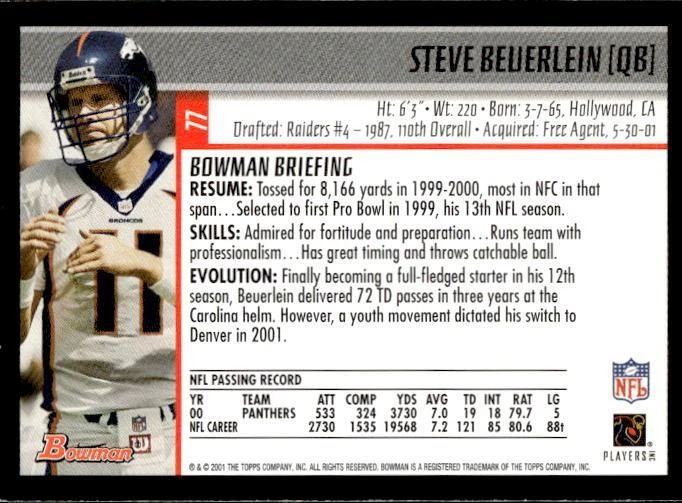 2001 Bowman #77 Steve Beuerlein Denver Broncos - Image 2 of 2