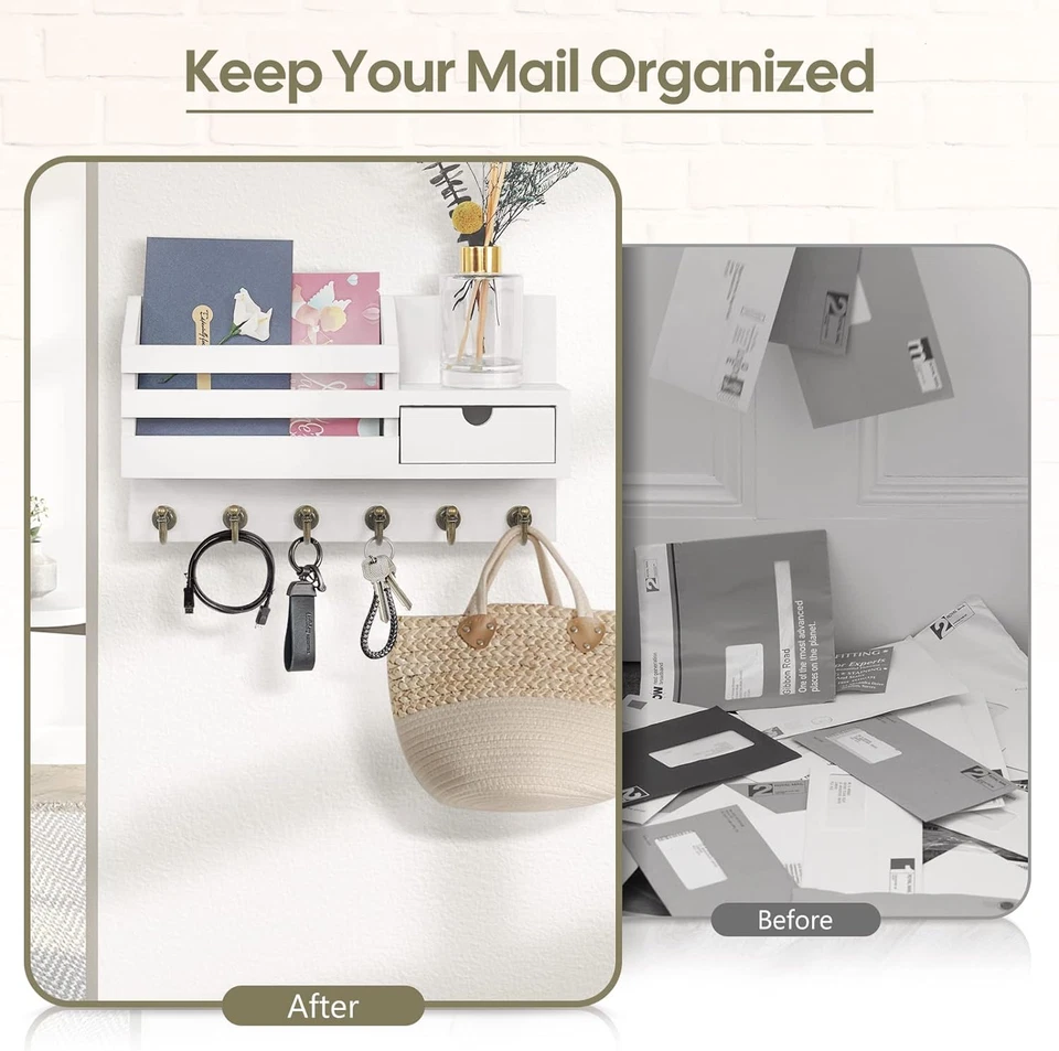 Soporte para llaves y correo para pared, organizador de correo montaje en pared con 6 ganchos y almacenamiento Foto 3 de 4