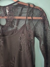 Vintage 2000s goth black lace long sleeve mini slip dress with slip XS NWT