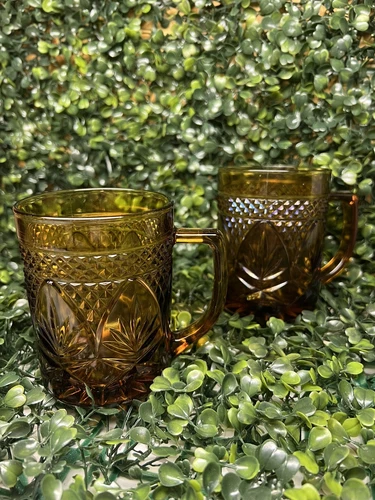 Cristal D'Arques-Durand ANTIQUE AMBER, Set of 2 Vintage Mugs, 3 7/8” 8oz FRANCE