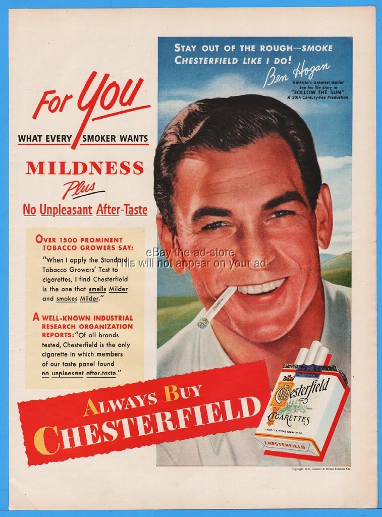 cigarette smoking golfer 1951 Ben Hogan Golf Pro Smoking Chesterfield Cigarettes Follow the Sun Movie Ad cigarette smoking golfer 1951 Ben Hogan Golf Pro Smoking Chesterfield Cigarettes Follow the Sun Movie Ad