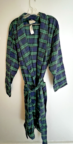 Accappatoio LL Bean blu verde scozzese a quadri flanella con cintura uomo L Reg nuovo con etichette