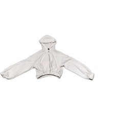 White Cropped Women's Full Zip Hoodie, Hooded, Elastic Hem, Long Sleeve, Casual