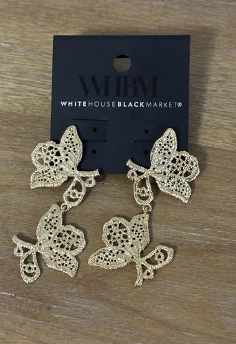 White House Black Market Earrings Gold Floral Lace Dangle Drop Applique NEW