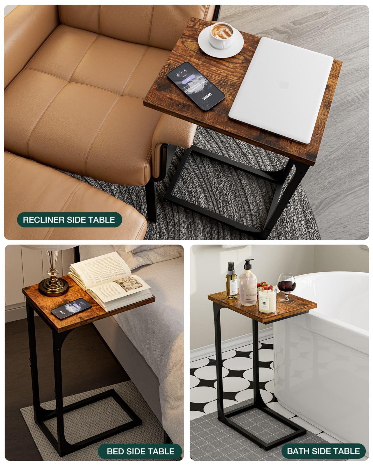 C-Shaped Side Table for Couch - Small Coffee Stand Sofa Tray Desk with Metal ...