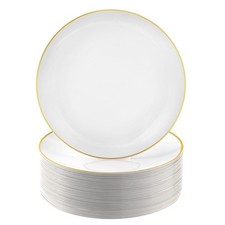 100 PCS Gold and White Plastic Plates, 10 inch White Disposable Plates for Pa...