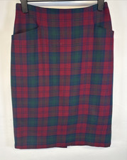 Vintage M S Skirt Red Blue Tartan Check Wool Straight Pockets UK 12/14