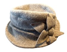 Womens Beige Wool Cloche Bucket Hat With Bow Accent