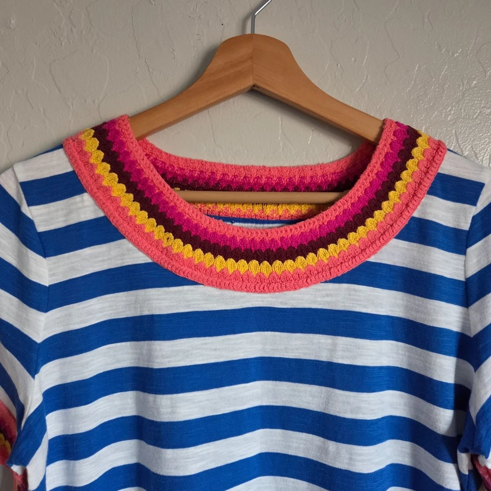Camiseta Boden colorida de crochê gola redonda listra de algodão azul/branco tamanho M feminina - Imagem 3 de 4