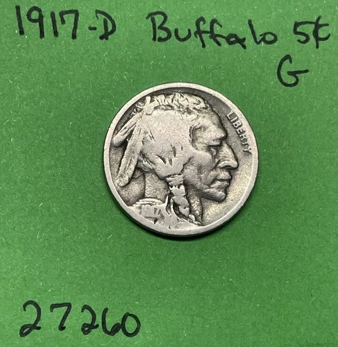 1917-D Buffalo 🦬 Indian Head Nickel 5c Good GD