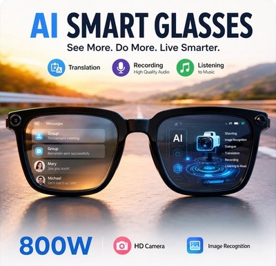 AI Smart Glasses Kamera Brille Bluetooth Musik Anruf Übersetzer HD 1080P Neu OVP