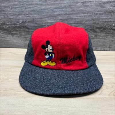 Vintage Mickey Mouse Hat Cap Fitted Red Gray 5 Panel Disney Wool Mickey